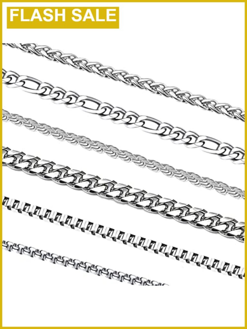 6 Pc Stainless Steel Chain Necklace Set Cuban Rope Box Figaro Rolo Wheat